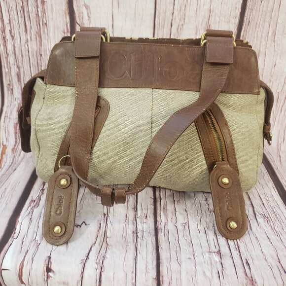 Chloe Vintage Leather Canvas Shoulder Handbag Purse Brown Medium Zip Worn - Picture 1 of 12